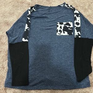 Blue and Black Cow Print Long Sleeve Top